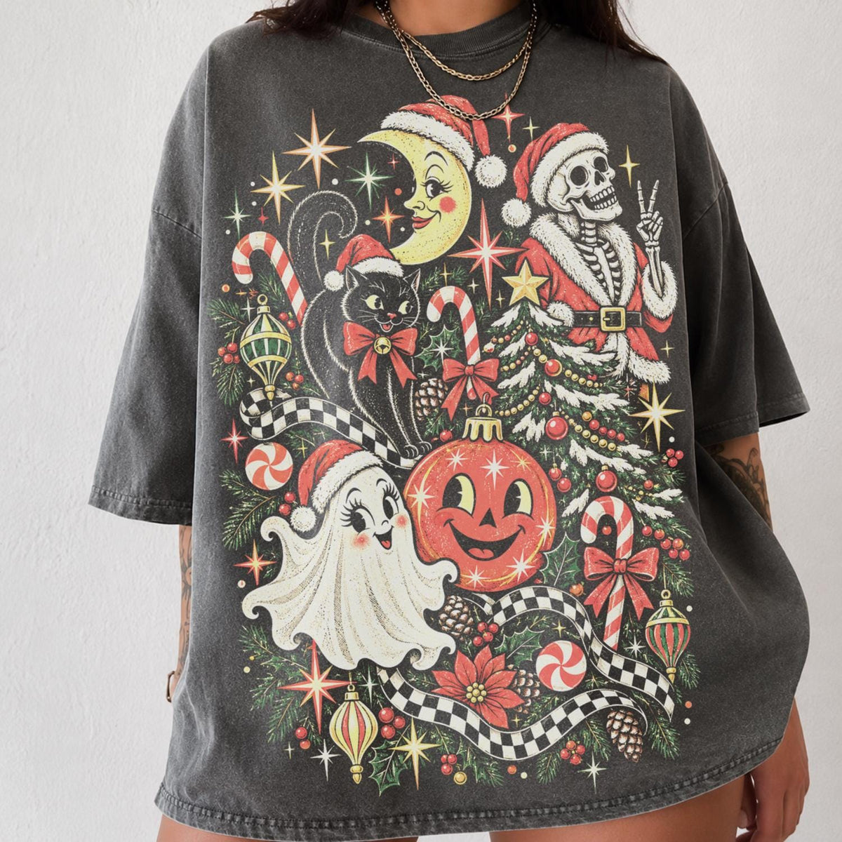 Spooky Christmas Y2k Comfort Colors Tee Retro Ghost Cat Skeleton Collage Goth Grunge Tis Season Holiday (1)