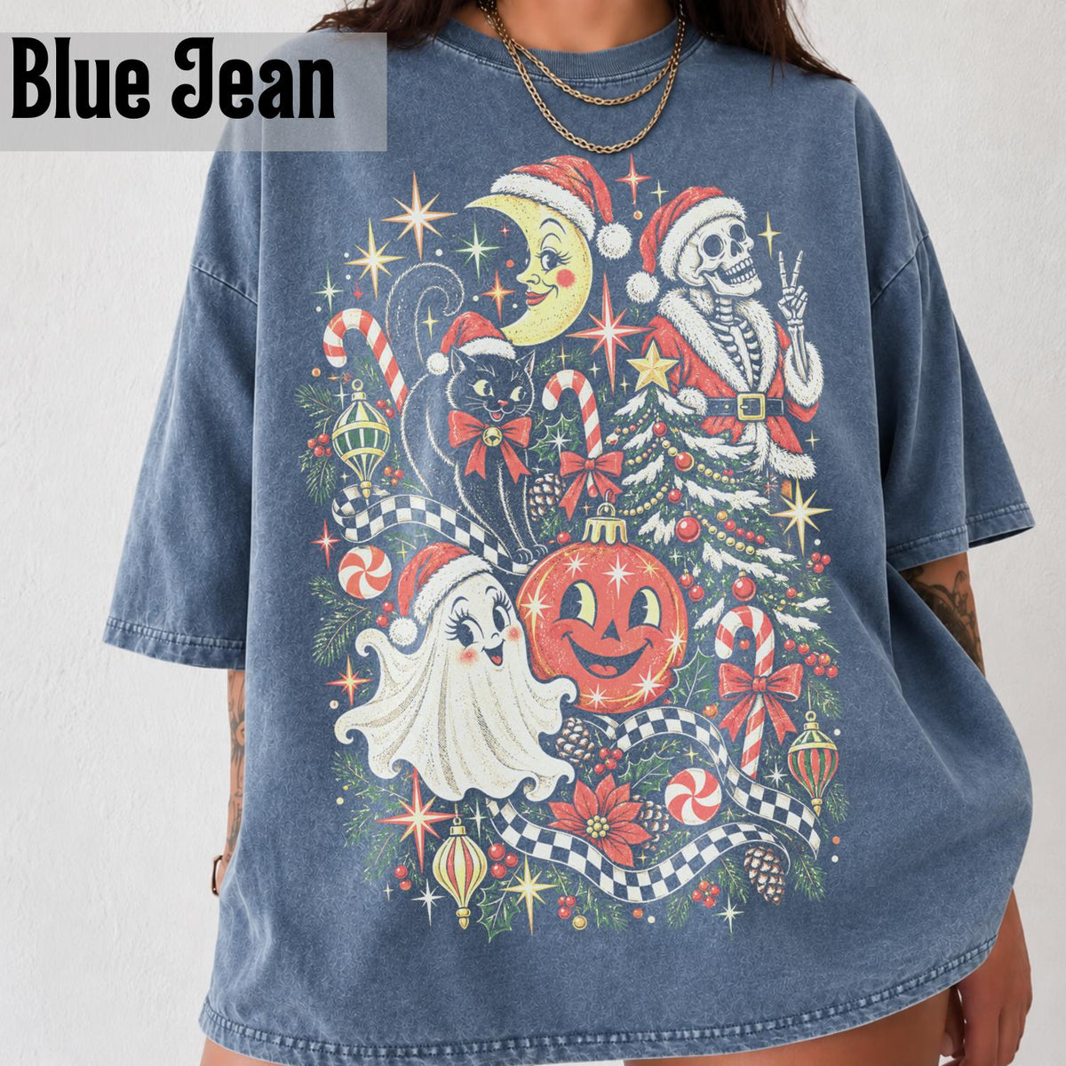 Spooky Christmas Y2k Comfort Colors Tee Retro Ghost Cat Skeleton Collage Goth Grunge Tis Season Holiday (3)