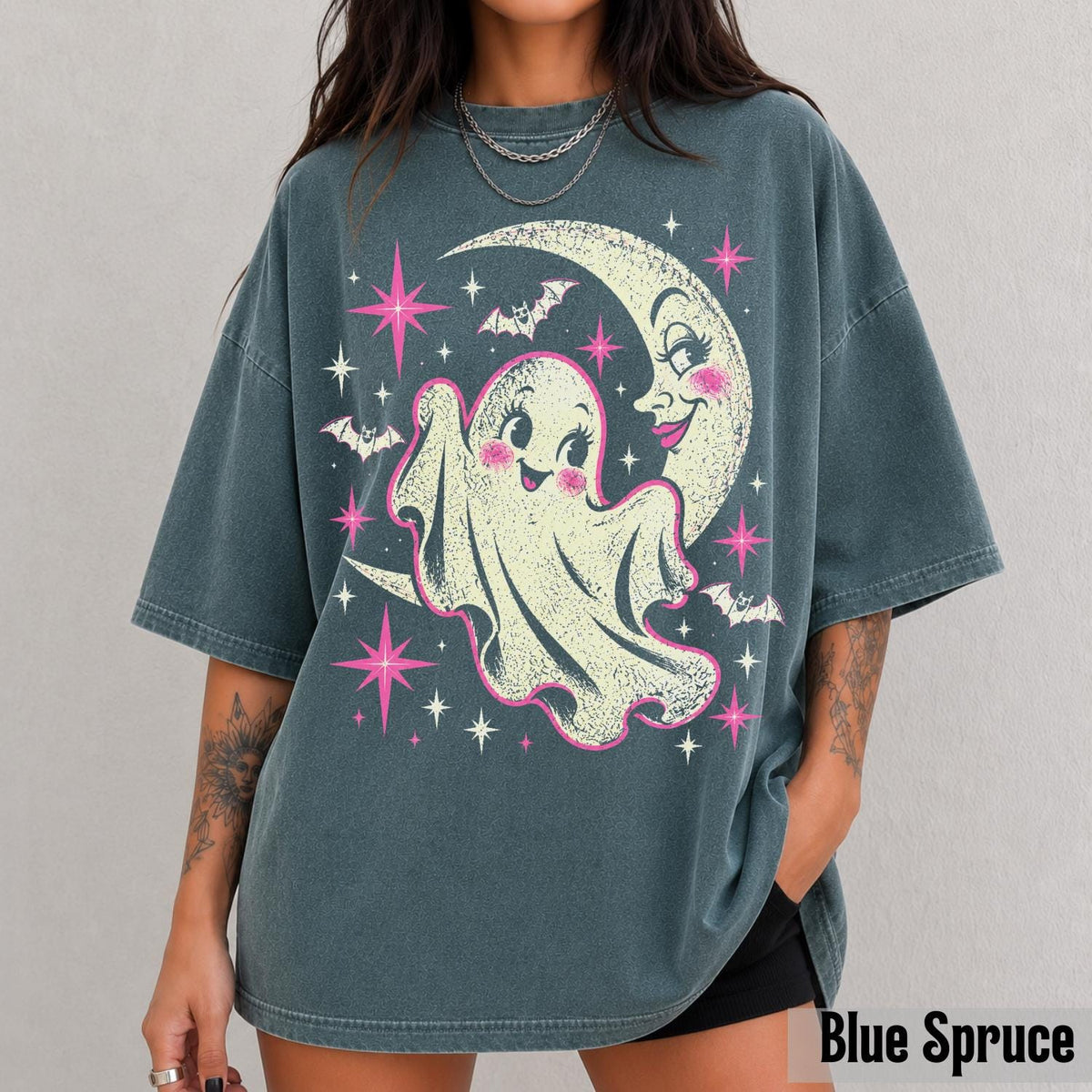 Halloween Retro Pink Ghos Y2k Moon Vintage Ghost Comfort Colors Tee Halloween (5)