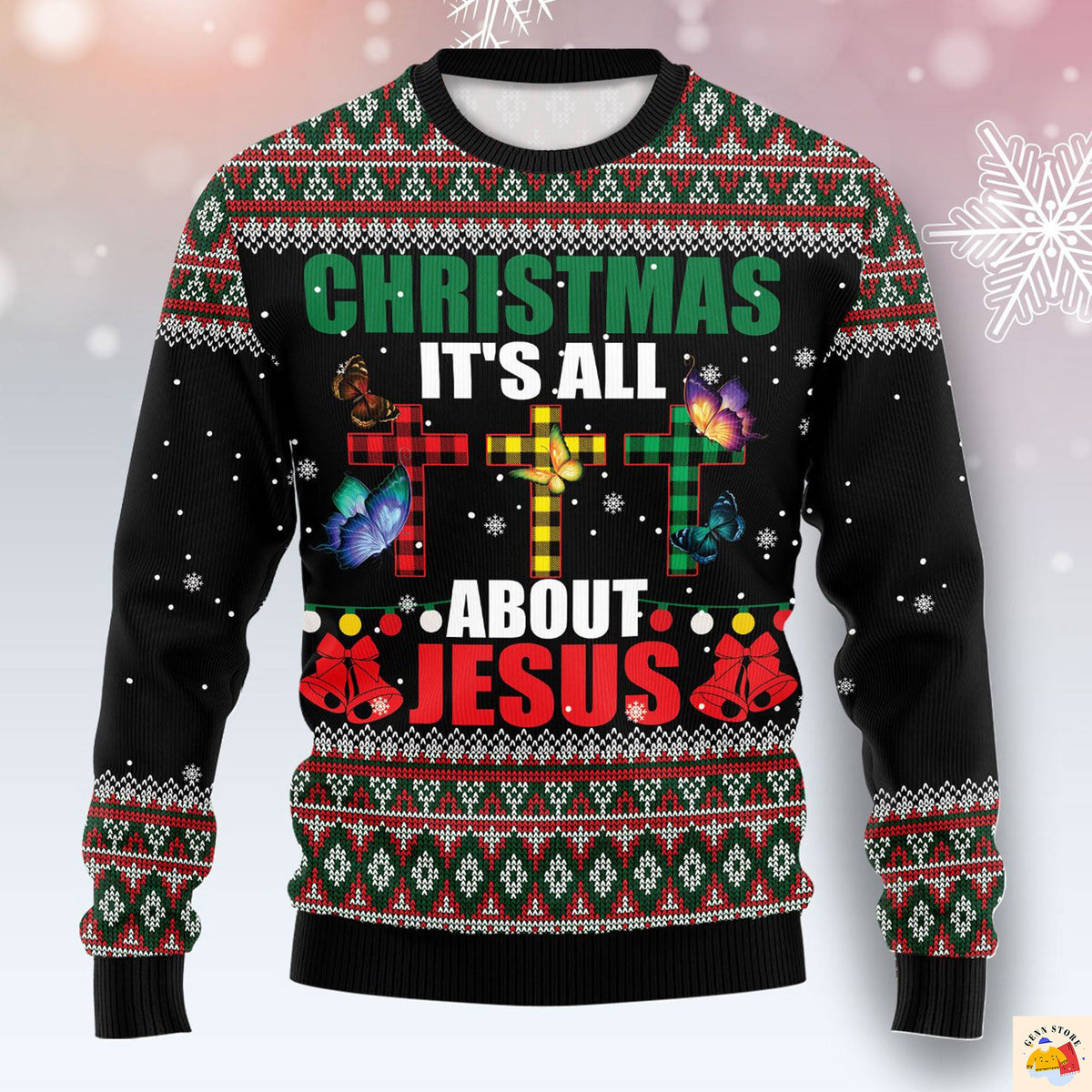 It’s All About Jesus Butterfly Plaid Cross Ugly Christmas Sweater