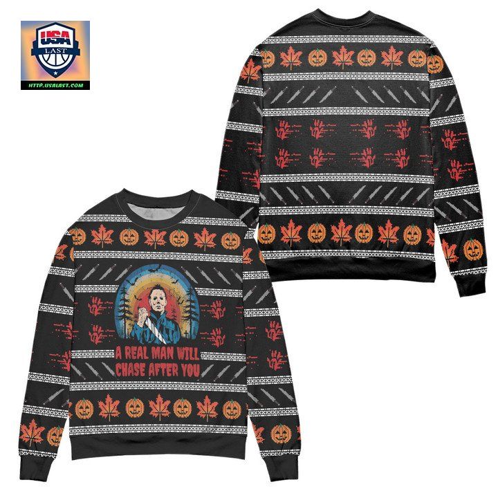 Jason Voorhees A Real Man Will Chase After You Ugly Christmas Sweater Black