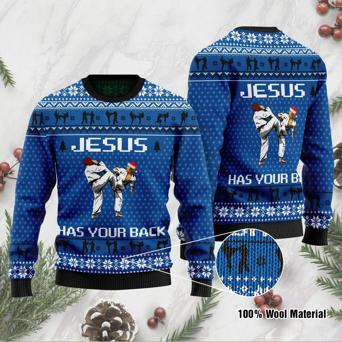 Jesus Has Your Back Karate Jesus Ugly Christmas Sweater For Jesus And Karate Lovers On Christmas Days