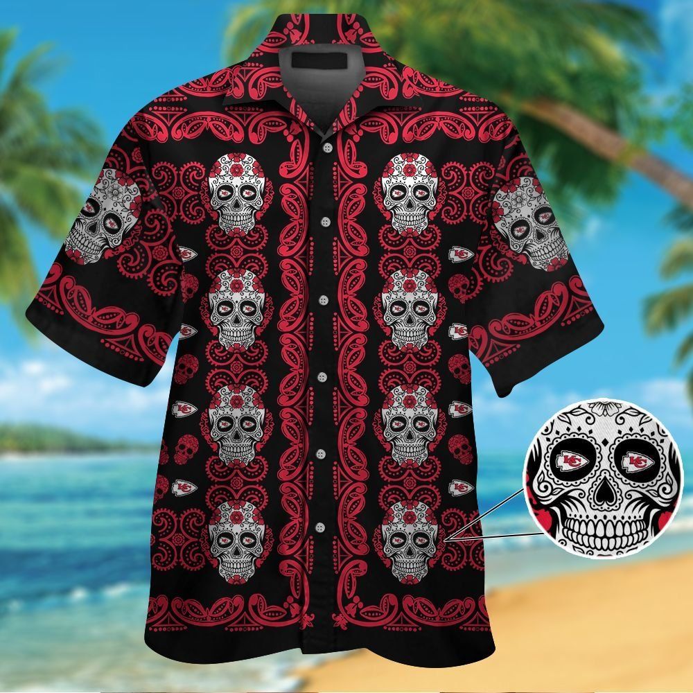 Kansas City Chiefsskull Short Sleeve Button Up Tropical Hawaiian Shirt VER01