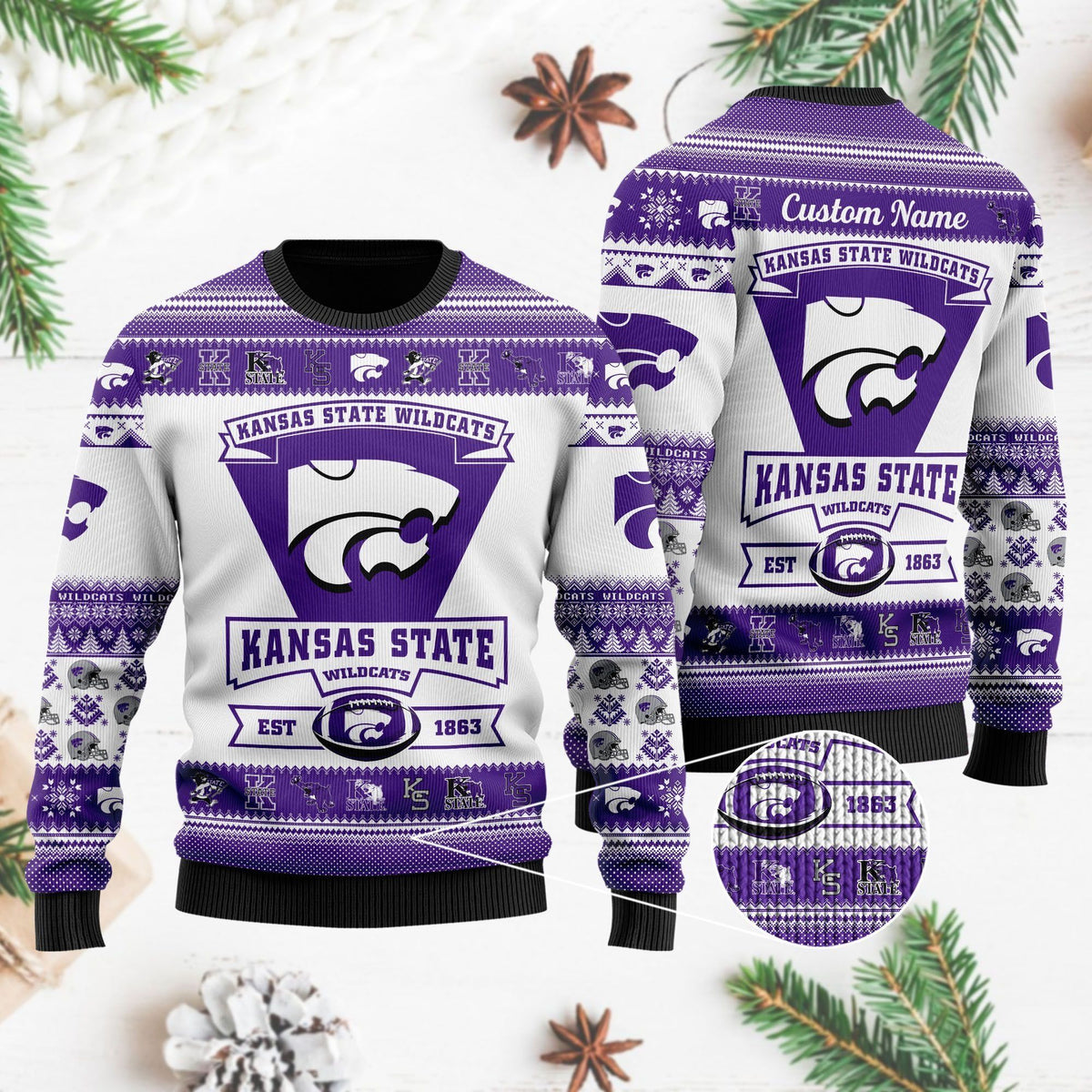 Kansas State Wildcats Football Team Logo Custom Name Personalized Ugly Christmas Sweater Holiday Party Men Women Plus Size