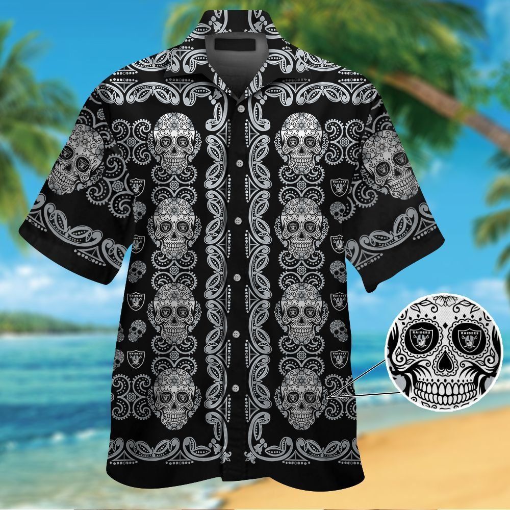 Las Vegas Raidersskull Short Sleeve Button Up Tropical Hawaiian Shirt VER01