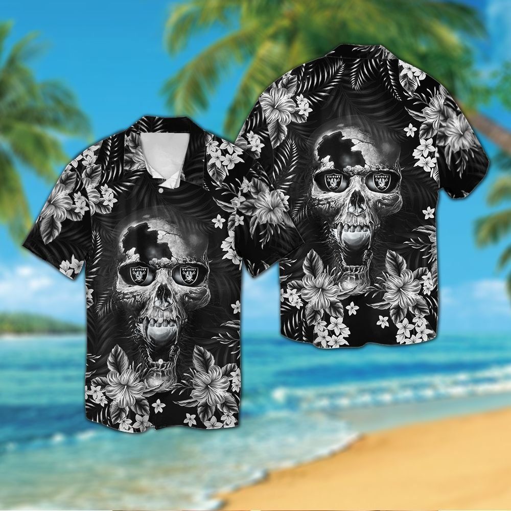 Las Vegas Raidersskull Short Sleeve Button Up Tropical Hawaiian Shirt VER02