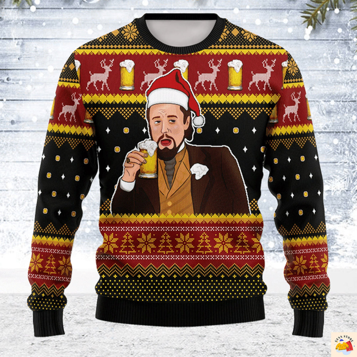 Men’s Leo Laughing Meme Drinking Ugly Christmas Sweater