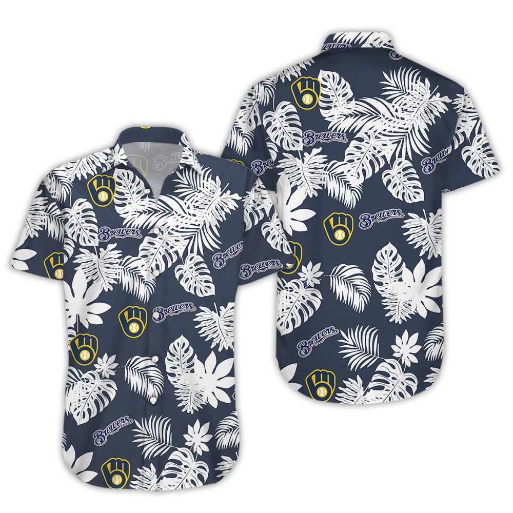 Milwaukee Brewers Hawaiian Shirt Brewers Name Tropical Palm Leaves Black Hawaii Shirt Milwaukee Brewers Aloha Shirt