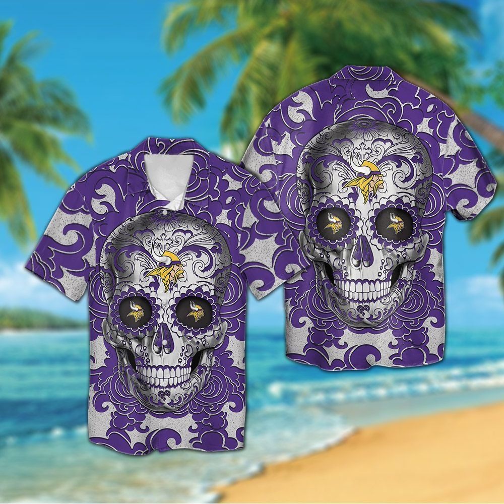 Minnesota Vikings Sugarskull Short Sleeve Button Up Tropical Hawaiian Shirt
