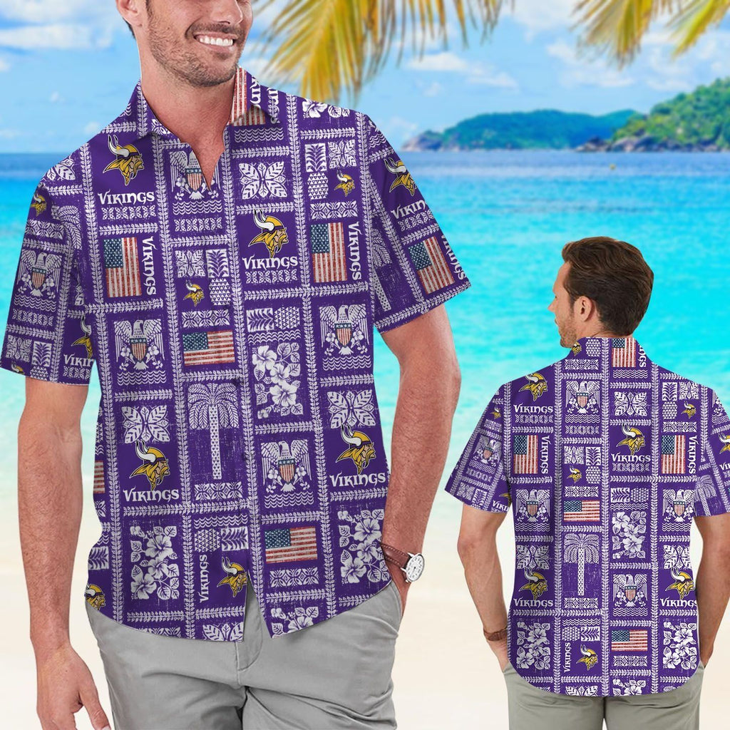 Minnesota Vikings Summer Commemorative Short Sleeve Button Up Tropical Hawaiian Shirt