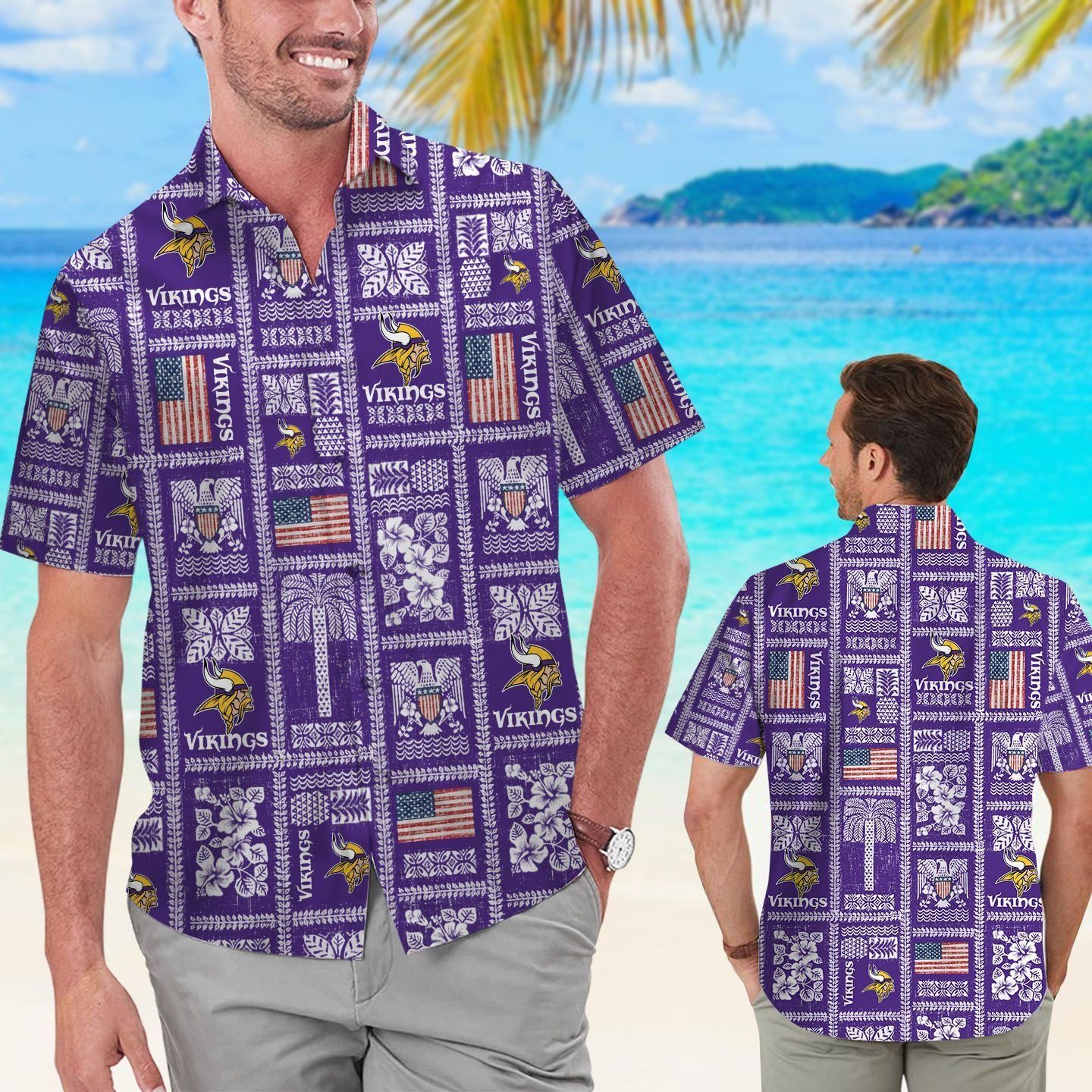 Minnesota Vikings Summer Commemorative Short Sleeve Button Up Tropical Hawaiian Shirt