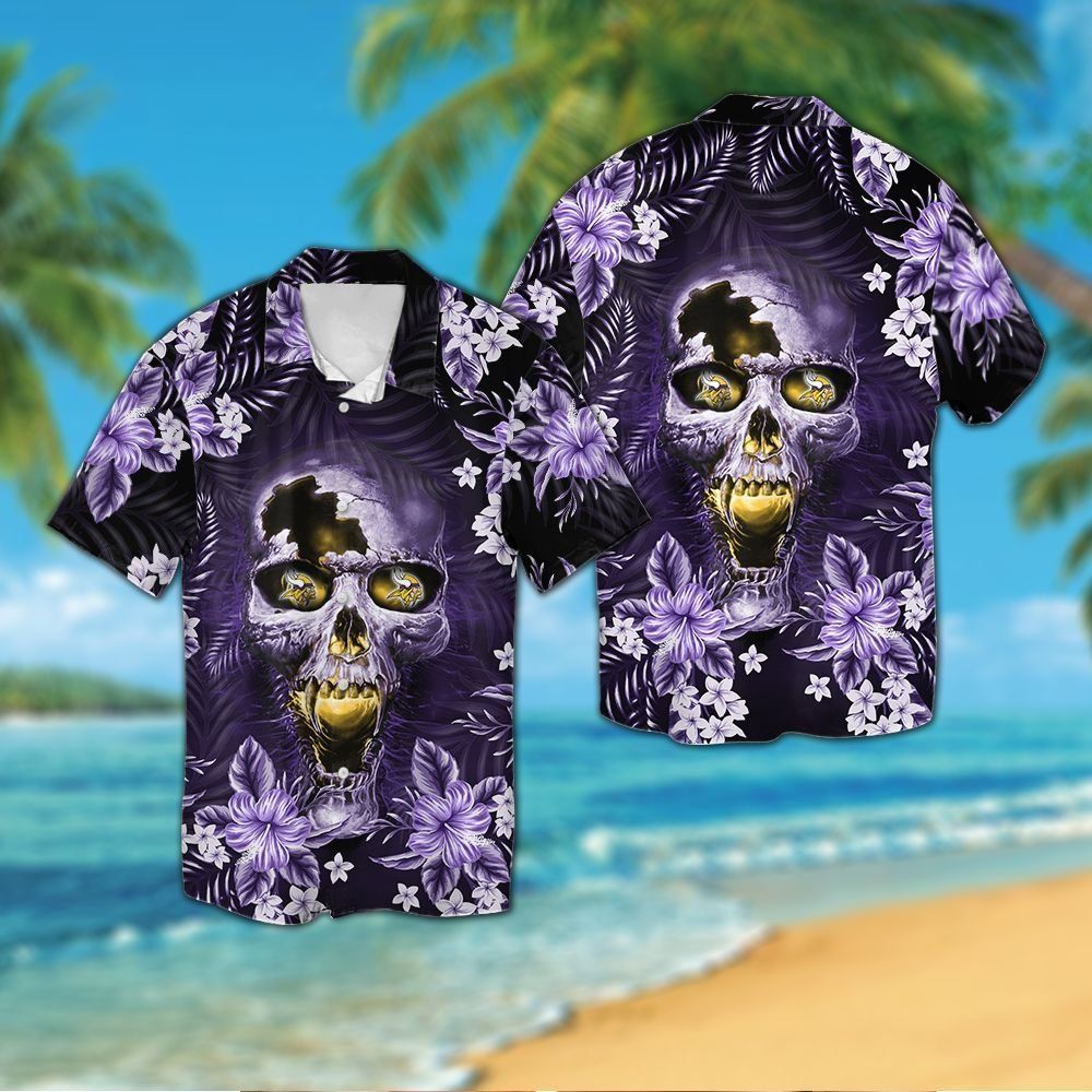 Minnesota Vikingsskull Short Sleeve Button Up Tropical Hawaiian Shirt VER02