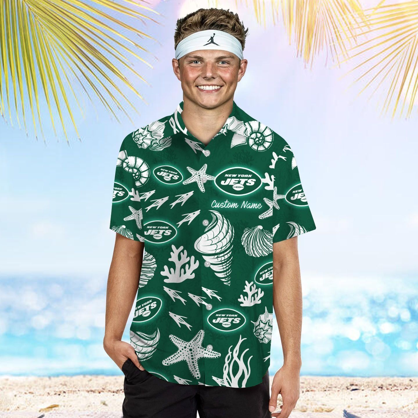New York Jets Name Personalized Short Sleeve Button Up Tropical Hawaiian Shirt