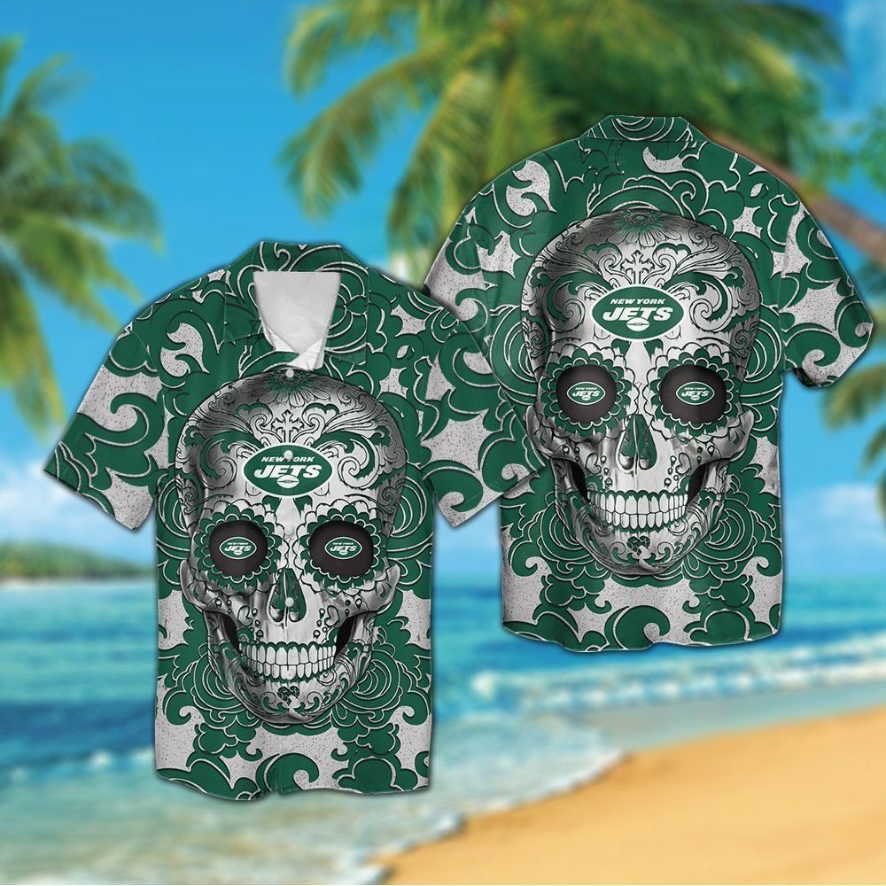 New York Jets Sugarskull Short Sleeve Button Up Tropical Hawaiian Shirt
