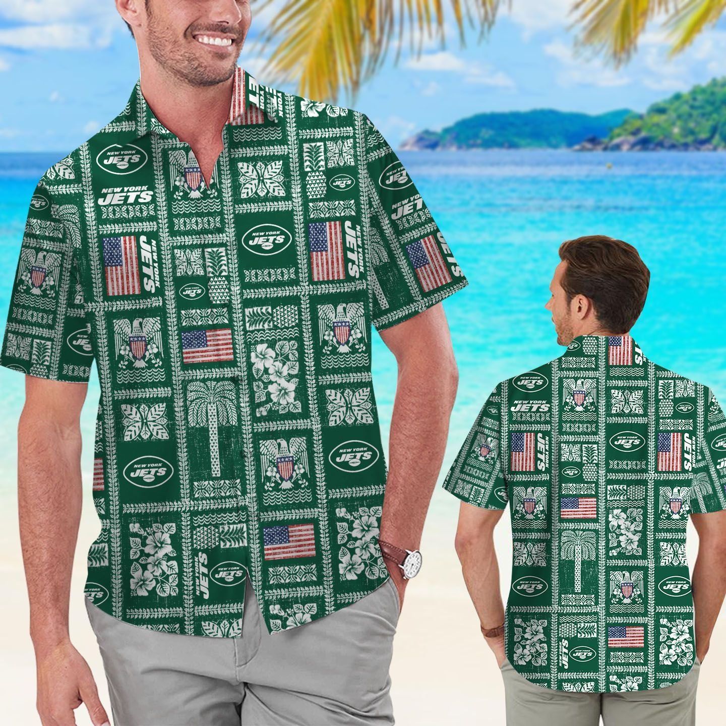 New York Jets Summer Commemorative Short Sleeve Button Up Tropical Hawaiian Shirt