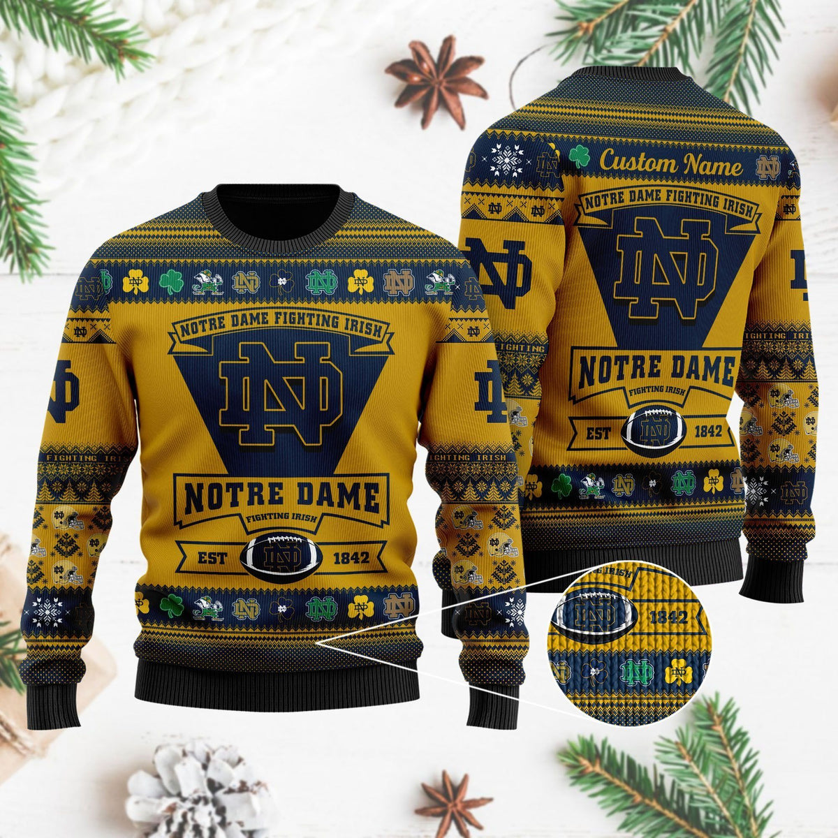 Notre Dame Fighting Irish Football Team Logo Custom Name Personalized Ugly Christmas Sweater Holiday Party Men Women Plus Size