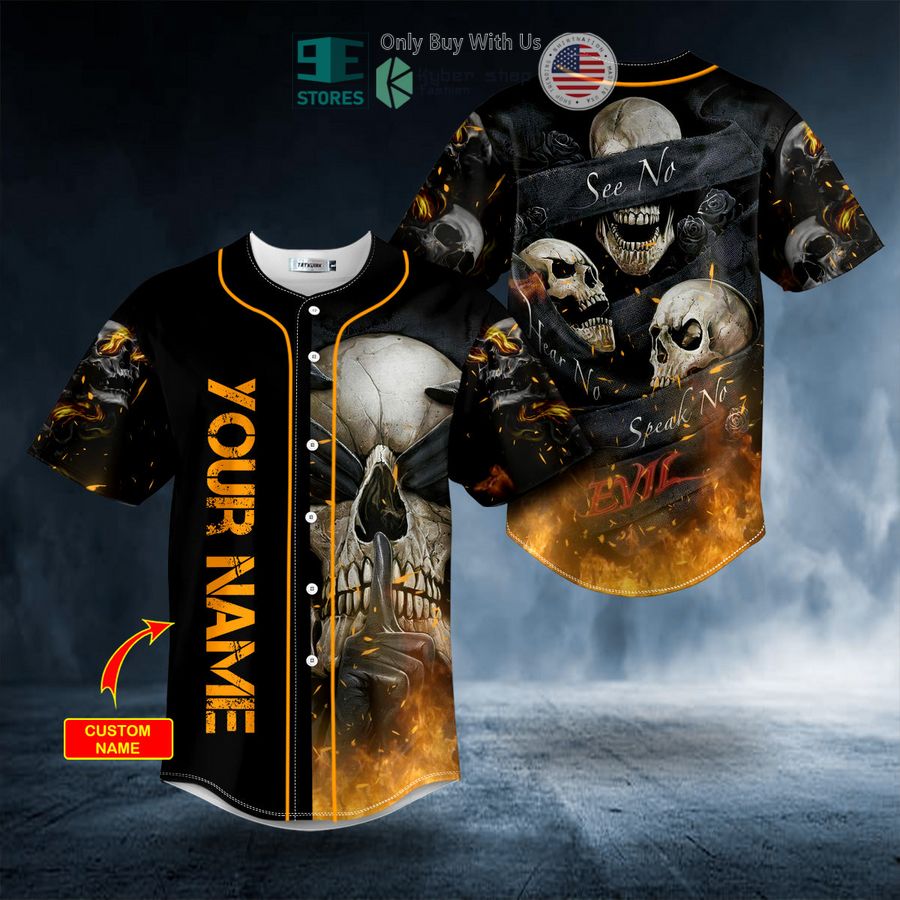 BEST Personalized See Hear Speak No Evil Fire Skull Custom Baseball Shirt