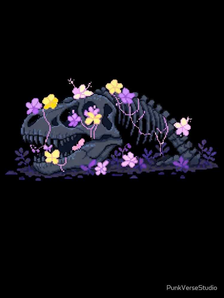 Pixel Dinosaur Skeleton with Blue Flowers | Floral Retro Pixel Art by PunkVerseStudio