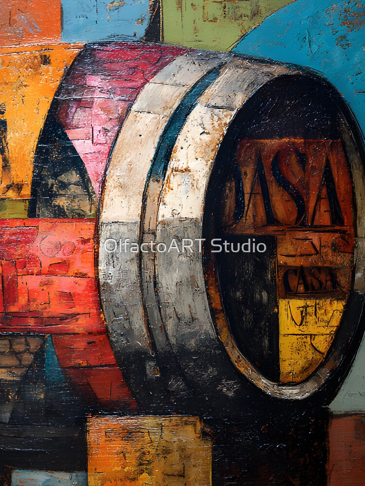Vibrant Abstract Wine Barrel with Geometric Patterns and Bold Colors by OlfactoART Studio