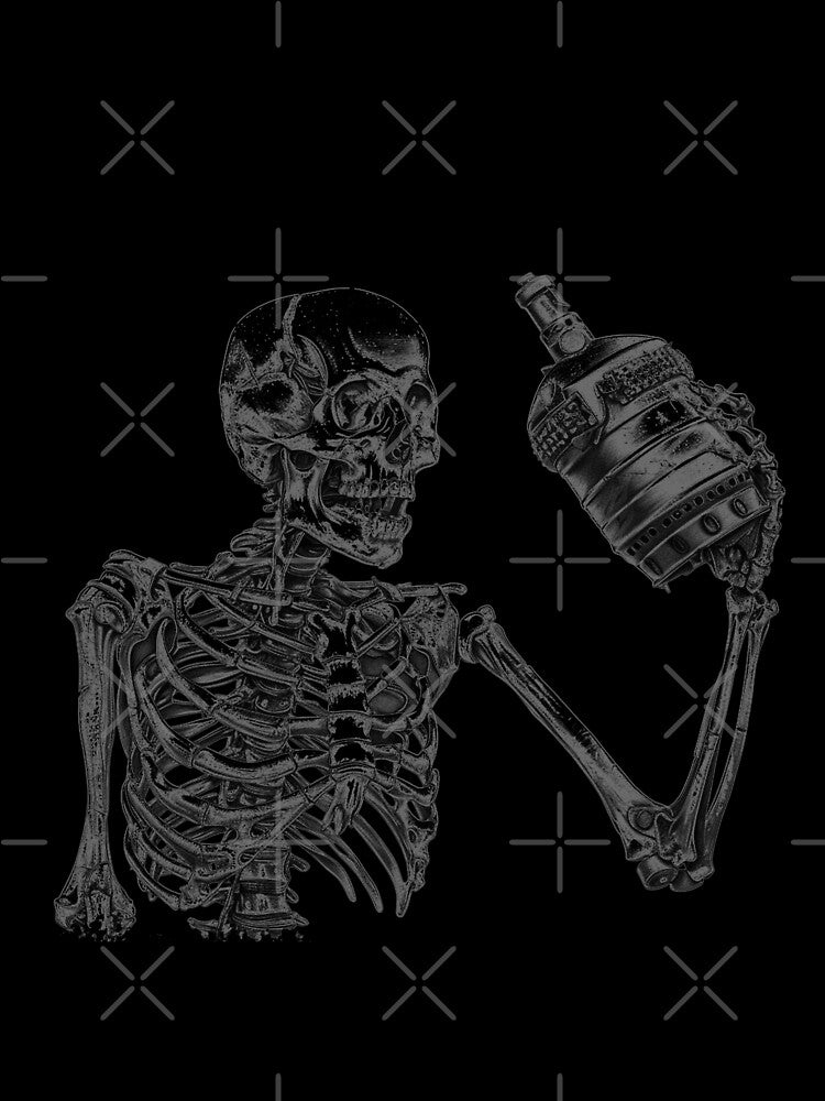 Skeleton Toasting Grenade – Dark Humor Black and White Illustration by inkoutninja