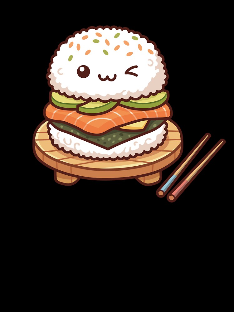 Cute Kawaii Sushi Burger with Salmon Avocado and Rice Buns by Mochii-studio
