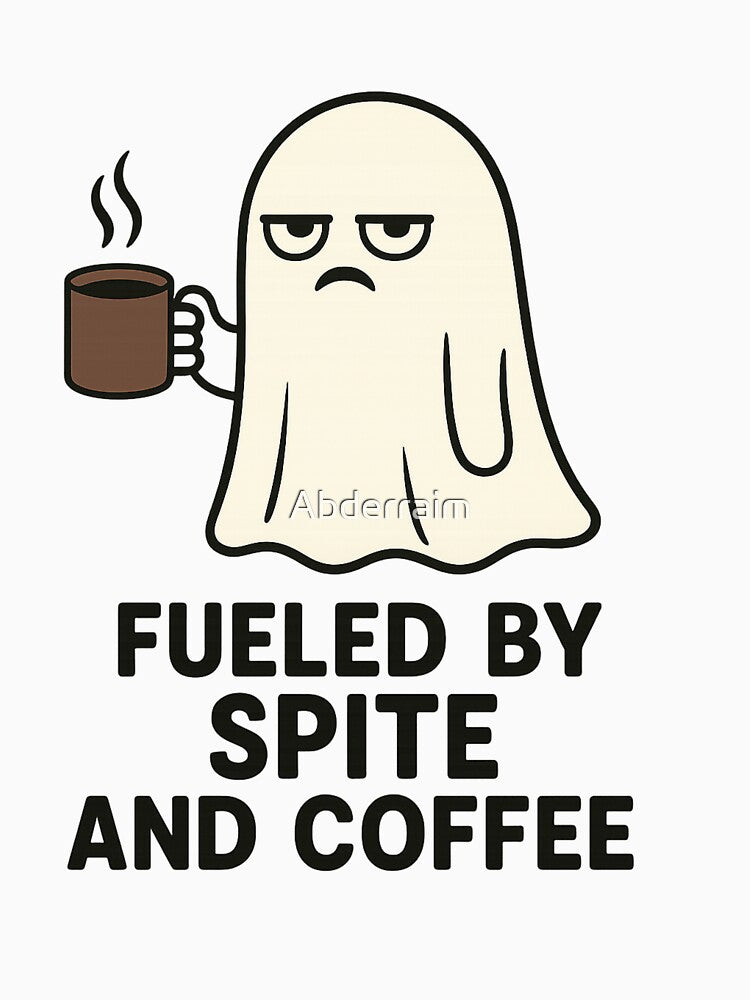 Fueled by Spite and Coffee – Funny Grumpy Ghost with Mug by Abderraim