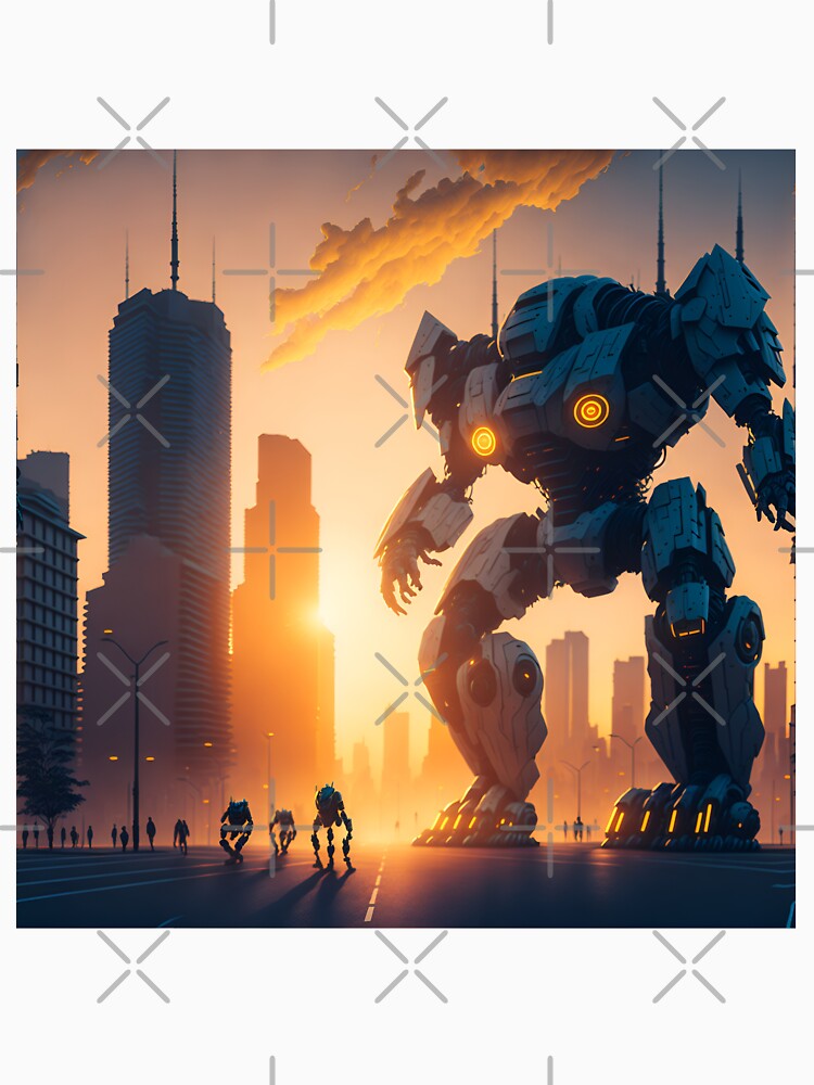 Robot in modern city at sunset by Kazujoshi-Art