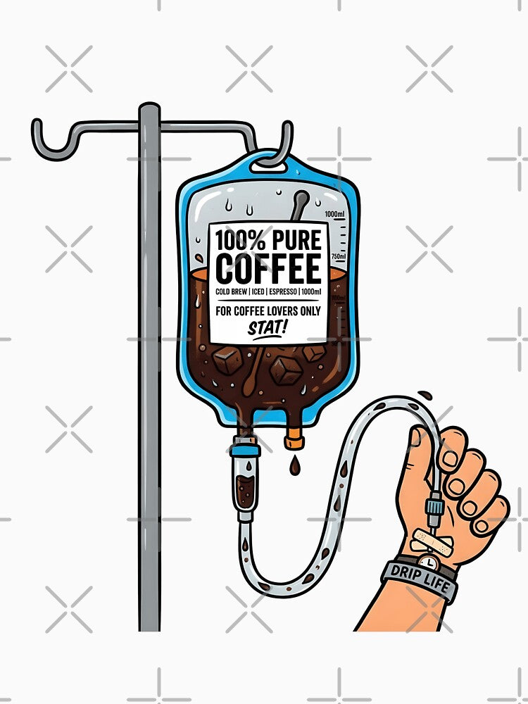 100% Pure Coffee - Funny IV Coffee Bag Medical Parody Design by WowDezign