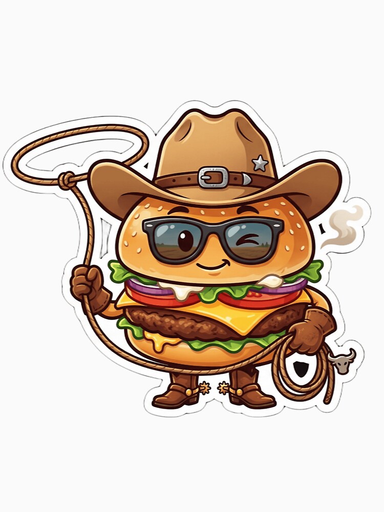 Funny Cowboy Cheeseburger Sticker - Wild West Fast Food Art by zakman02