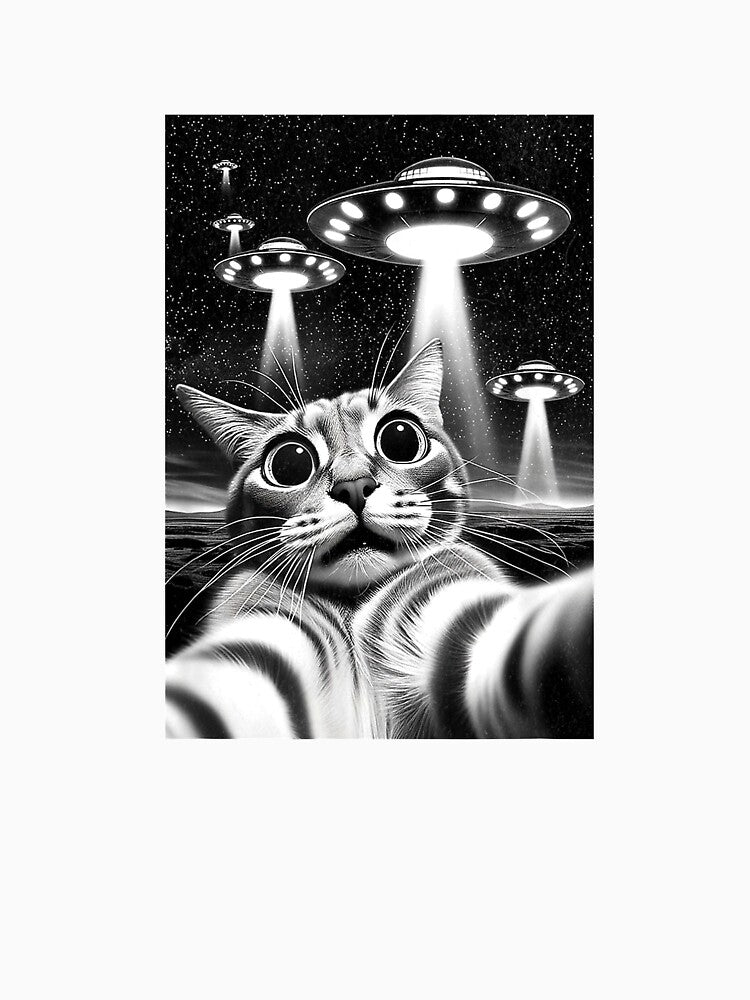 Cat UFO  Funny Invasion Meme Retro Alien Cat UFO Selfie T-Shirt by SubStudio97