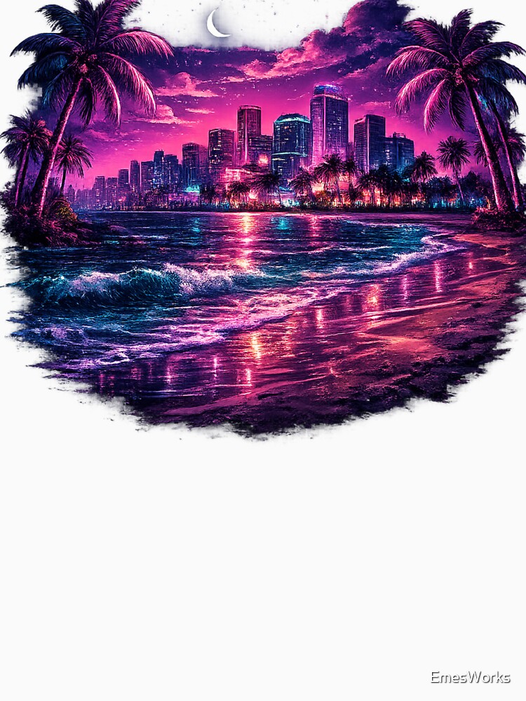 Neon Miami Nights Retro Synthwave Beach Cityscape by EmesWorks