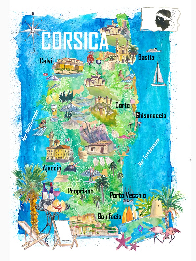 Corsica Island France Illustrated Travel Map – Ajaccio, Bonifacio, Calvi & Bastia Iconic Highlights by artshop77