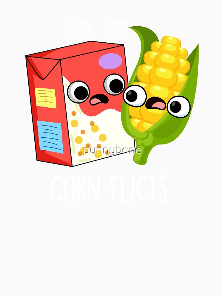 Corn-flict Funny Cornflake Corn Pun (Dark BG) by punnybone