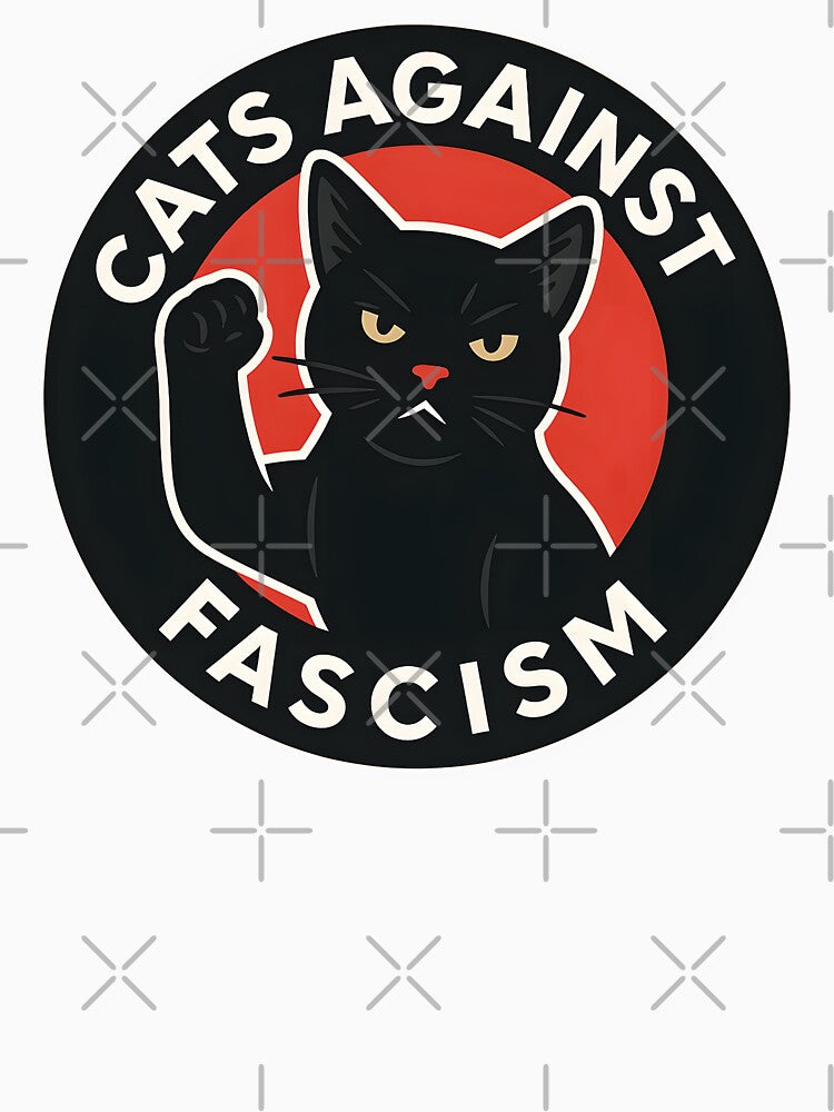 "Cats Against Fascism" Black Sticker with White Text & Red Circle – Bold Protest Cat Design by WAUZ