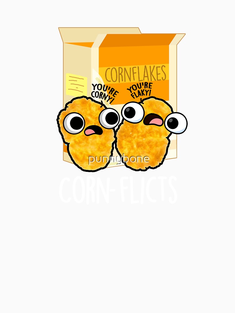 Corn-flicts Funny Corn Flakes Pun (Dark BG) by punnybone