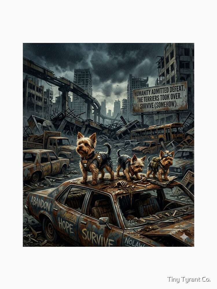Apocalypse Yorkie Survivors Shirt – Dark Humor Dog Tee by Tiny Tyrant Co.