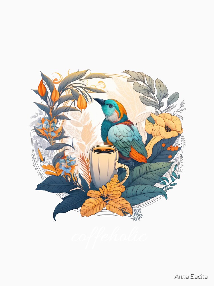 coffeholic for coffee lover bird on a cup of coffee by Anna Sacha