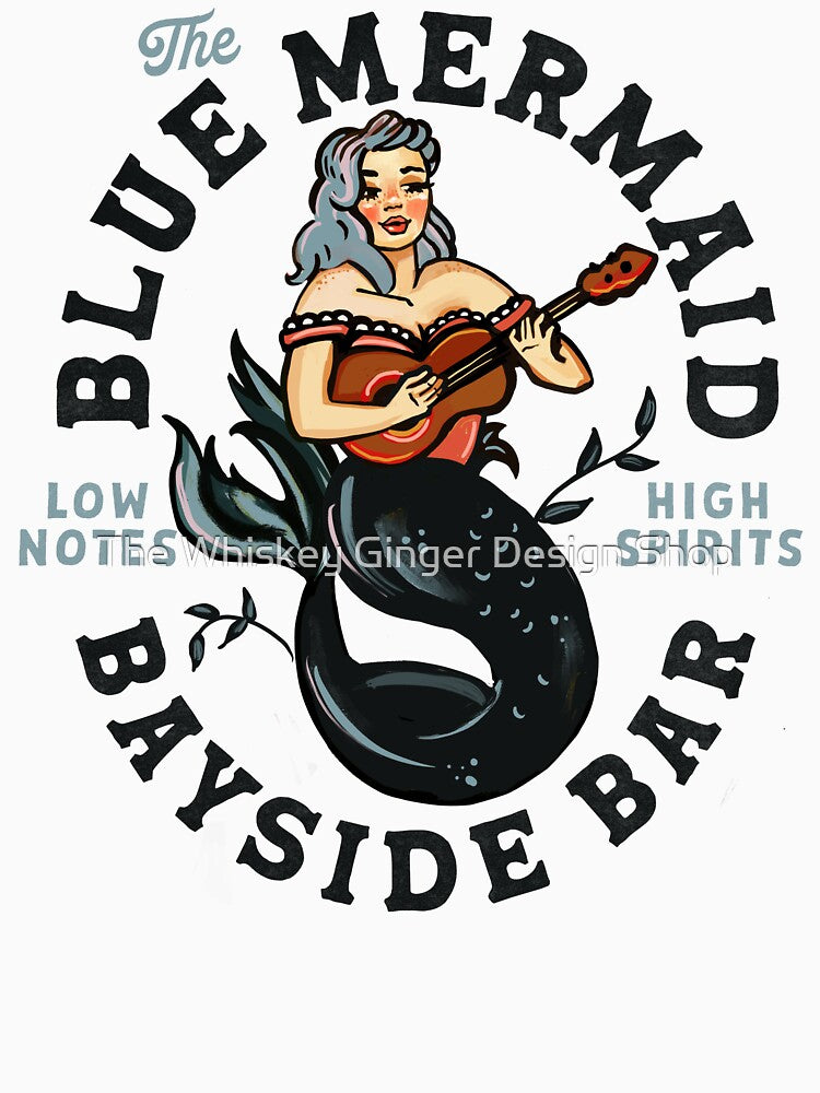 The Blue Mermaid Live Music Cocktail Bar. Cool Retro Travel Art by The Whiskey Ginger Design Shop