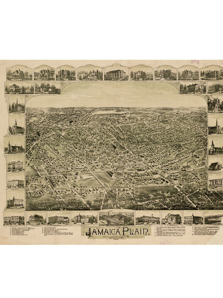 Vintage Pictorial Map of Jamaica Plain MA (1891) by BravuraMedia