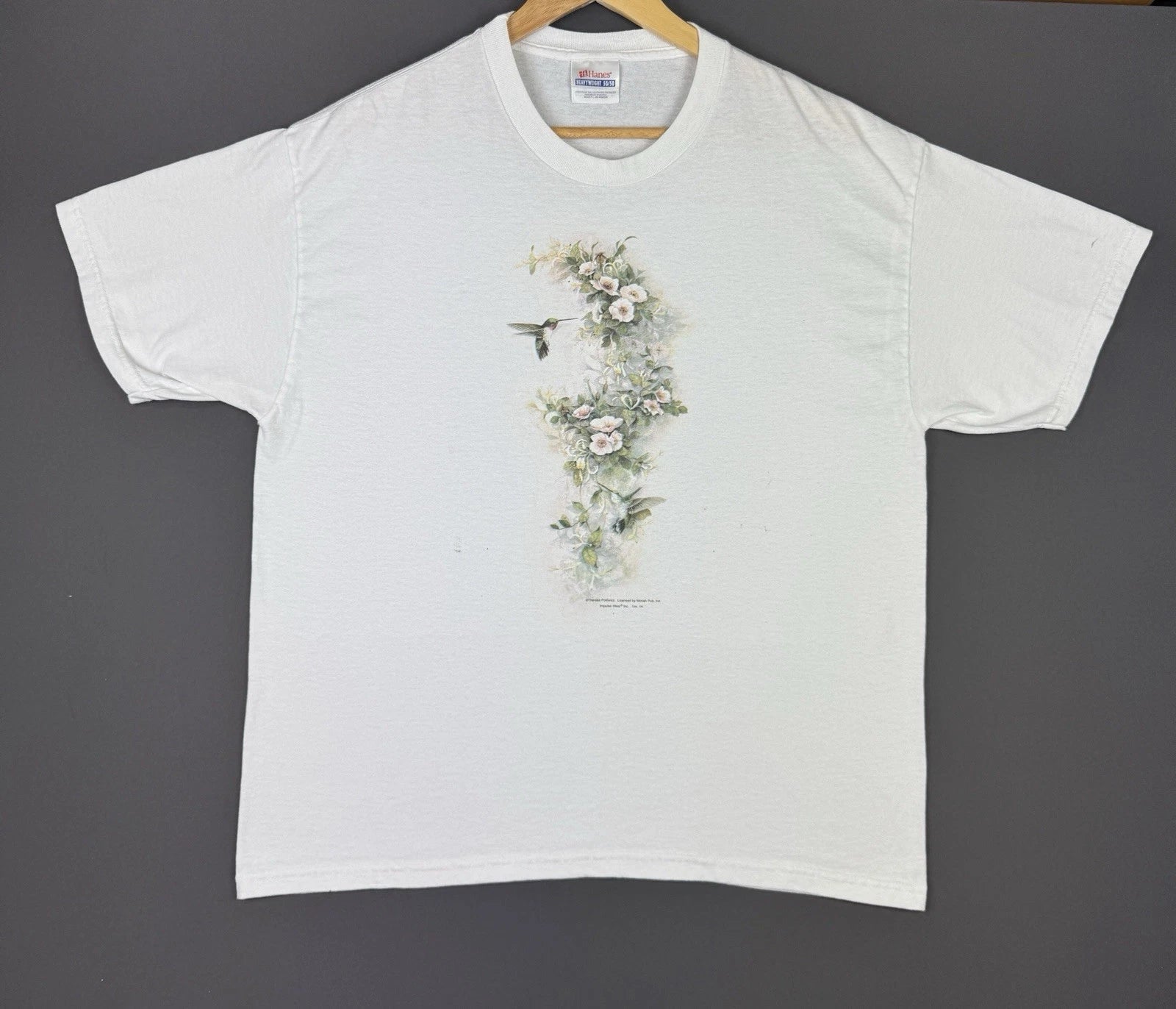 Vintage 90s Y2K Art Flower Nature Bird White Shirt Large Hanes Tee Shirt Rare