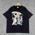 Vintage Y2K Grim Reaper Pin Up Spider Web Graphic Shirt Sz XXL Black Mint Grunge