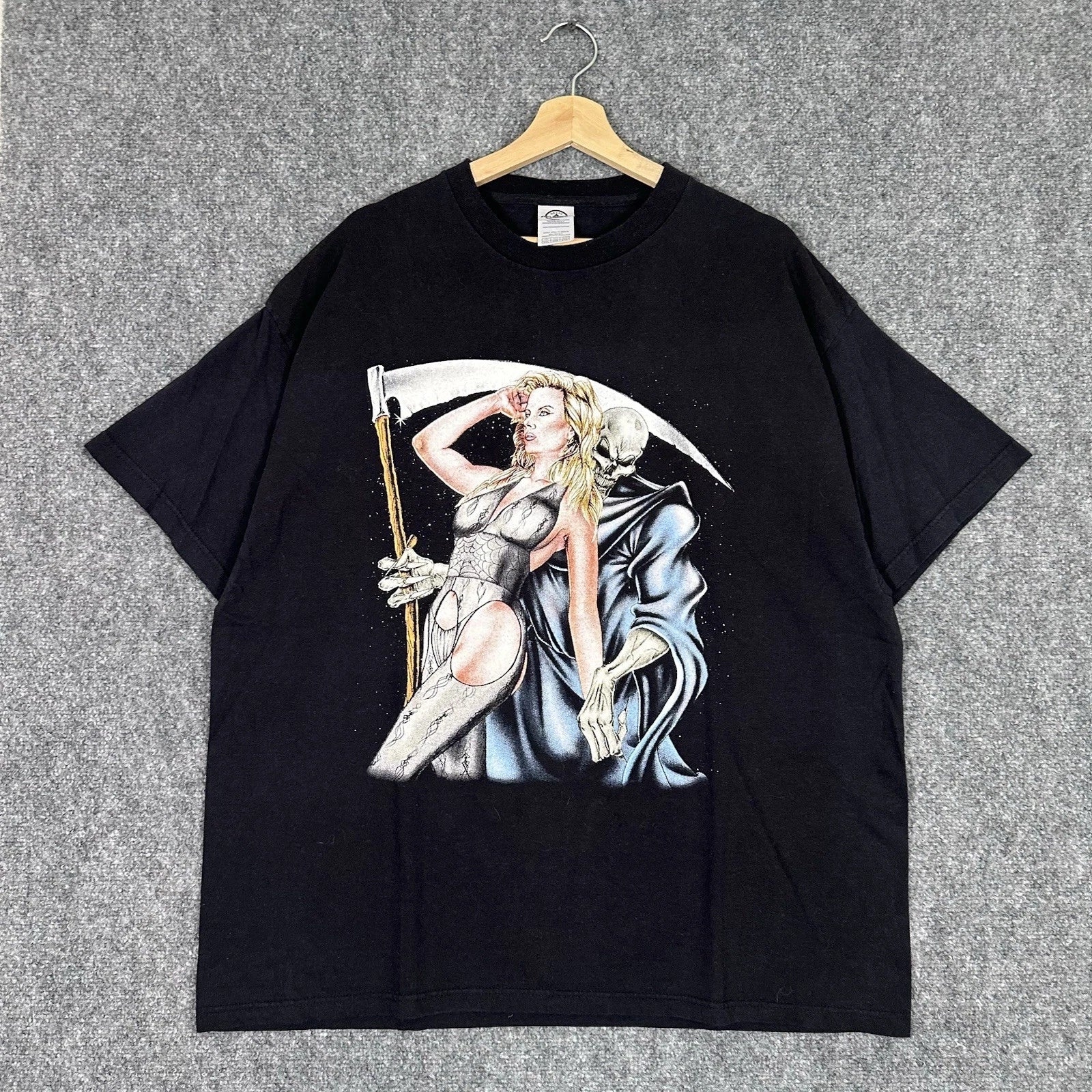 Vintage Y2K Grim Reaper Pin Up Spider Web Graphic Shirt Sz XXL Black Mint Grunge