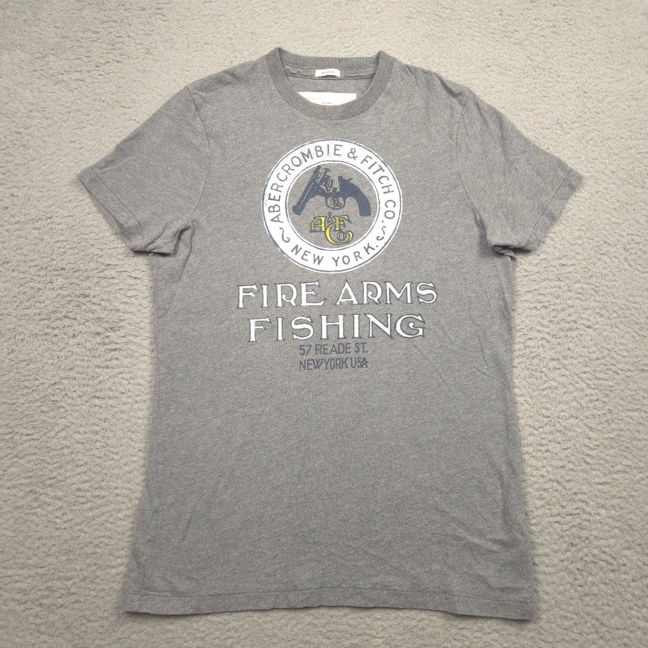 Abercrombie Fitch Y2K Fire Arms Fishing T Shirt Mens L Muscle Gray Graphic