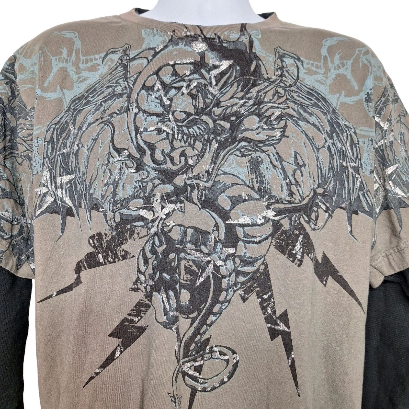 Counter Intelligence T Shirt XL Thermal Y2K Dragons Lightning Bolts Grunge Punk