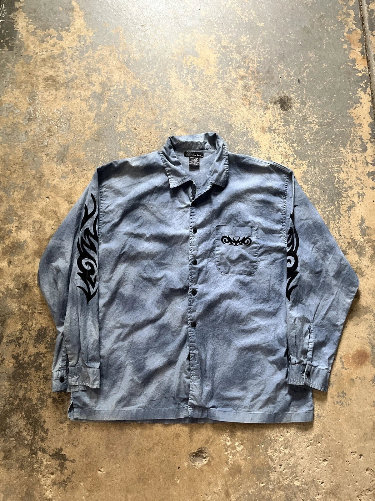 Y2K Distressed No Boundaries Flame Button Up Graphic Shirt-Size XL