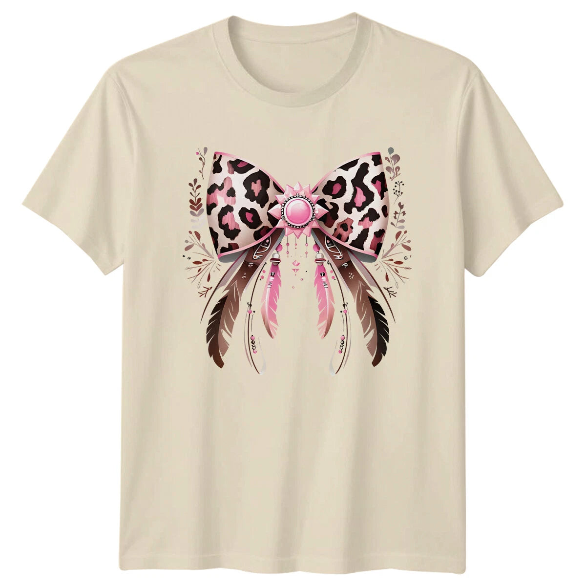 Leopard Print Bow Feathers Boho Fashion Womens T-Shirt Mens Tee Graphic