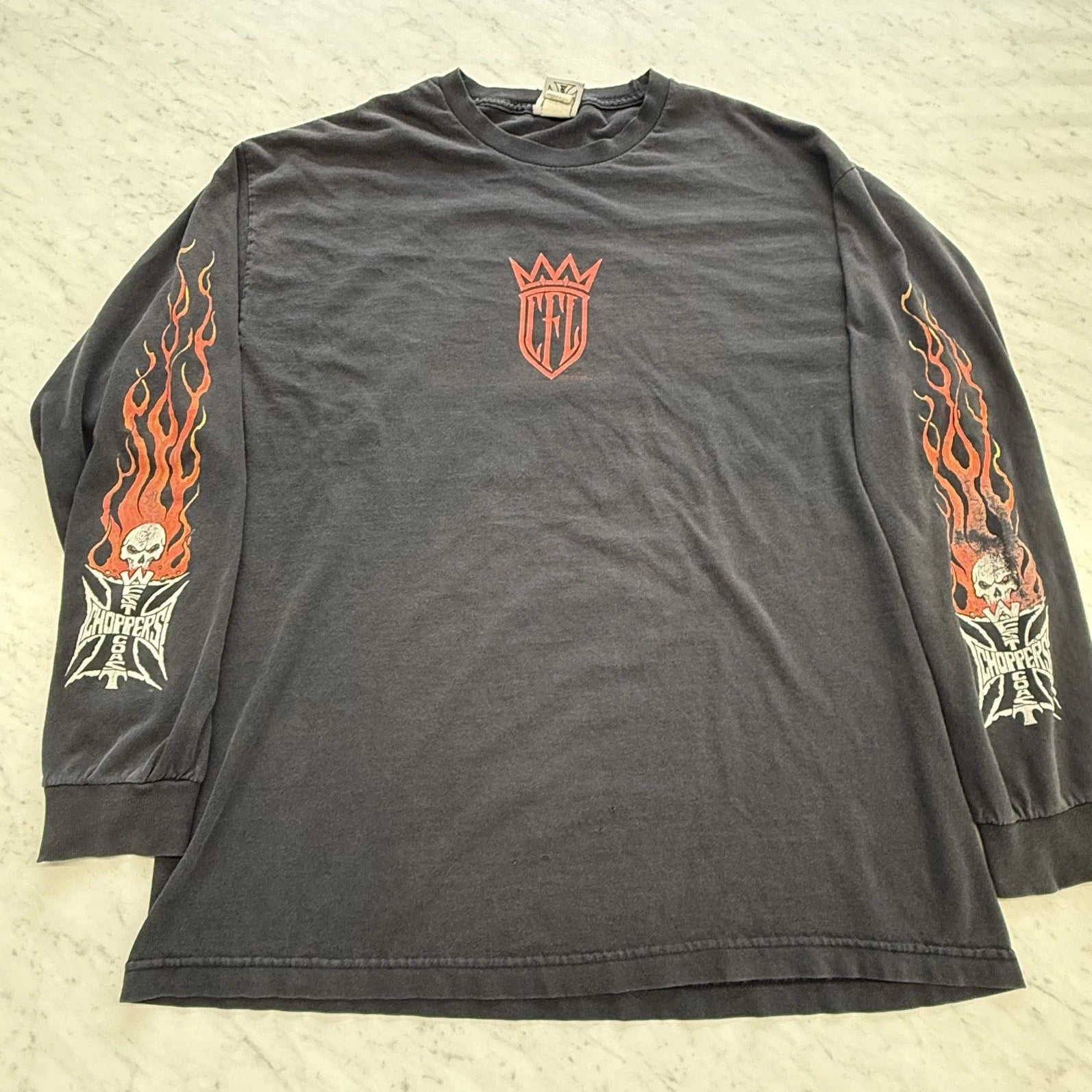 Vintage West Coast Choppers Long Sleeve Graphic T Shirt Size XL CFL Flames Faded