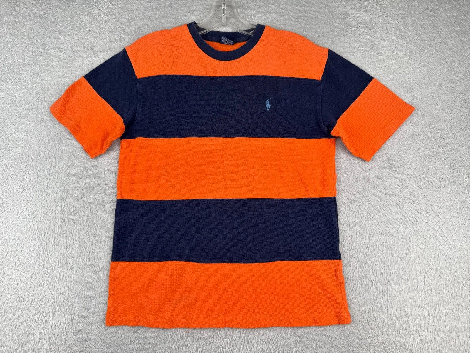 Polo Ralph Lauren Shirt Youth Medium Blue Orange Stripe Crew Neck 100% Cotton
