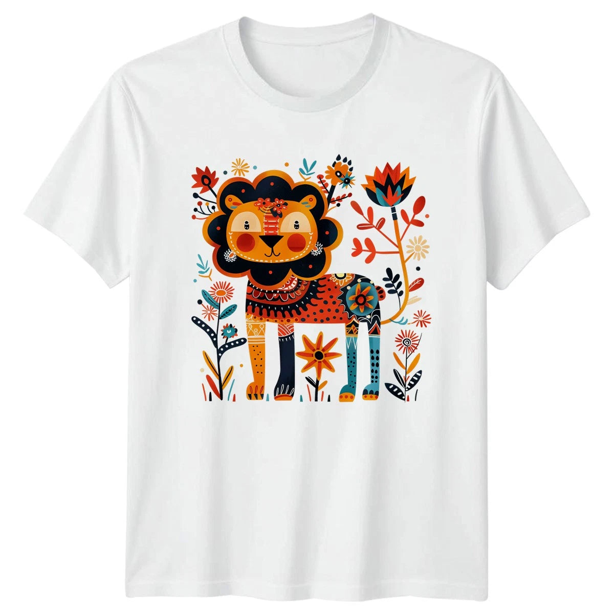 Colorful Folk Art Lion Surrounded T-Shirt Boho Floral Wildlife Birthday Gift