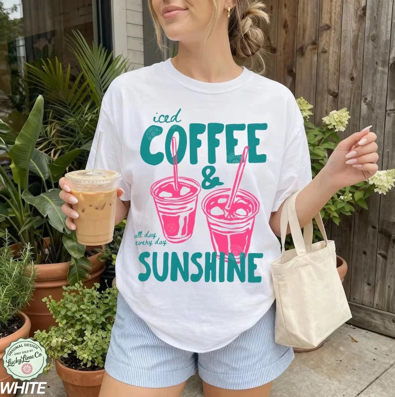 HOT ! Iced Coffee T Shirt Summer Graphic Tee Casual Coffee Lover Gift for Adults